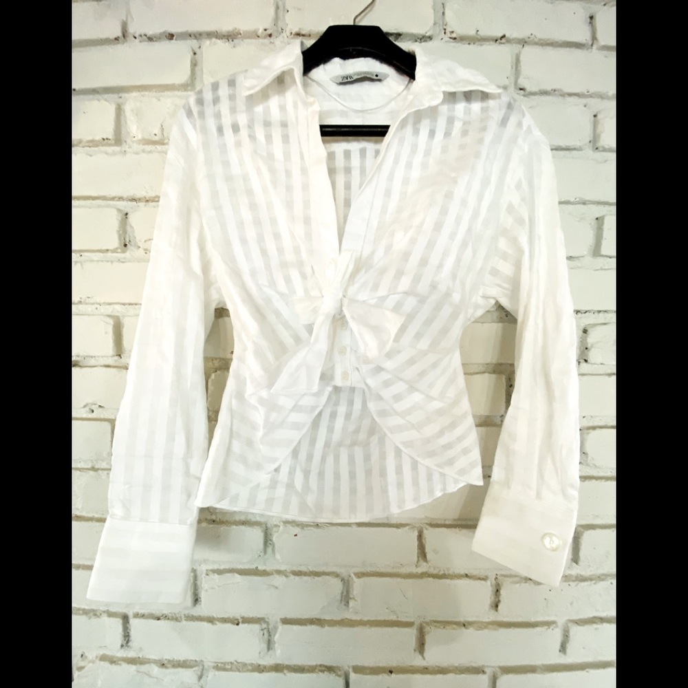 Zara White linen Rouche front Botton Down Shirt